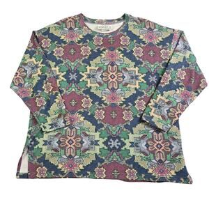 Vintage 80s 90s Aztec Artsy Knit Top Womens Large Southwestern Cottage Boho Areo